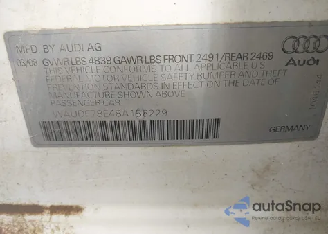 2008 Audi A4 2.0T/2.0T Special Edition из США, поврежденный, VIN WAUDF78E48A156229